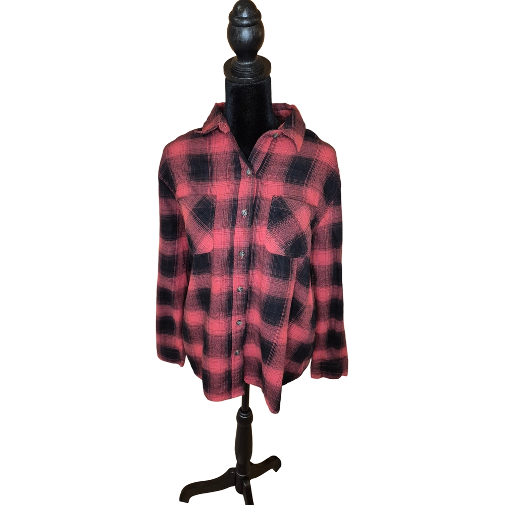 Ana A New Approach Plaid Button Front Shirt PM Petite Red Black Flannel